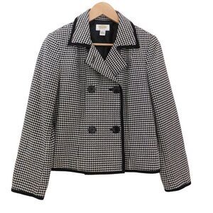 Talbots Womens Houndstooth Blazer Double Breasted‎ Black White Wool Petite 6 6P